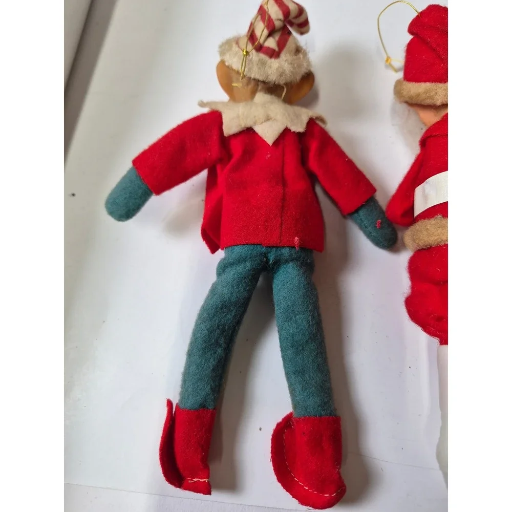 Vintage Rubber Face Felt Santa Elf Christmas Ornaments Lot of 3 Japan Retro MCM